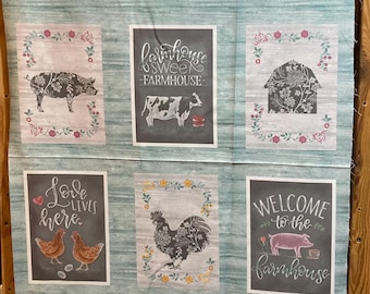 Patchwork fabric "Chalk Barn" panel, Benartex, farm, cows, chickens, pigs,