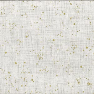 Peut inclure: Tissu blanc cassé avec un motif quadrillé subtil et des éclaboussures de peinture dorées éparpillées. Une règle jaune avec des marquages noirs est visible sur le bord droit, indiquant des mesures en centimètres.