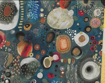 Patchwork fabric "Flora and Form" featuring flowers, branches and geometric shapes with golden accents on a blue-green background