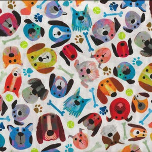 Patchwork fabric &quot;Fur-ever Friends&quot; funny bright dog heads on a light background
