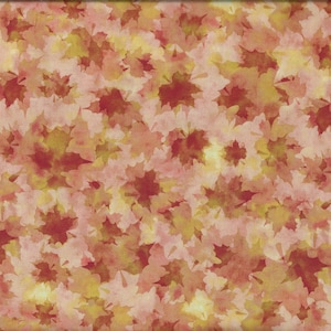 Könnte beinhalten: Ein Stoff mit einem sich wiederholenden Muster aus aquarellartigen Blättern in Rot-, Orange- und Gelbtönen.