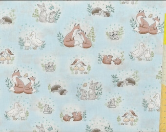 Patchwork fabric "Little Ones" Hugs, cute native animals, foxes, ducks, mice, birds, squirrels, hedgehogs and rabbits on a light blue background