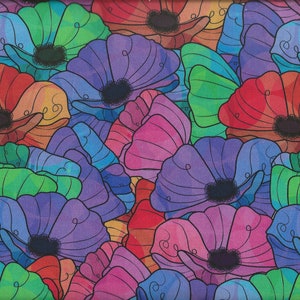 Peut inclure: Un tissu coloré avec un motif répétitif de fleurs stylisées dans des tons de rouge, violet, bleu, vert et rose. Les fleurs ont un effet aquarelle et sont soulignées de noir.