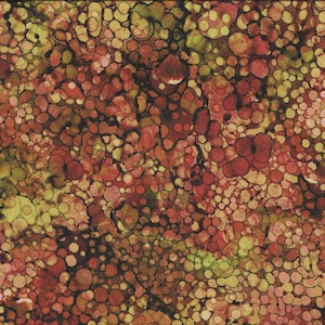 Può includere: Tessuto astratto con un motivo di cerchi rossi, marroni e gialli su sfondo nero.