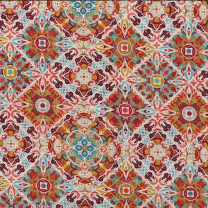 Puede incluir: Una tela colorida con un patrón repetitivo de formas geométricas en tonos de rojo, naranja, amarillo, azul y blanco. La tela tiene un aspecto vintage y bohemio.