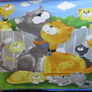 May include: A colorful illustration of a group of cats. Two cats are sitting together, one gray and one orange, with their tails wrapped around each other. There are four other cats in the background, two orange and two gray. The cats are all smiling and have hearts on their collars.