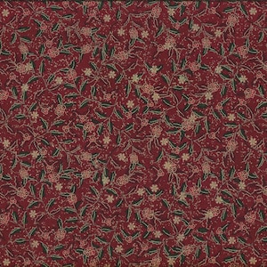 May include: A festive fabric featuring a repeating pattern of holly leaves, berries, and small flowers in green, red, and gold on a deep red backdrop. The design is detailed and covers the entire surface, creating a holiday theme.