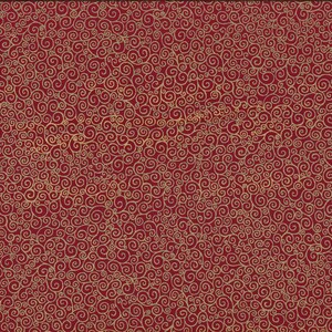 Può includere: Tessuto rosso con un motivo a spirali dorate. Un righello giallo con misure in centimetri è sul lato destro del tessuto. Il tessuto presenta un motivo ripetuto di spirali dorate.