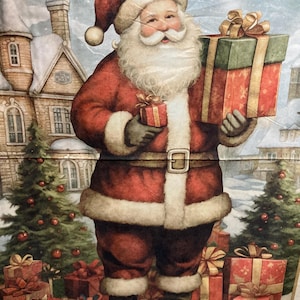 May include: An illustration of Santa Claus in a red suit, holding wrapped gifts. He stands in front of a snowy village scene with Christmas trees and more presents. The image has a vintage, watercolour style.