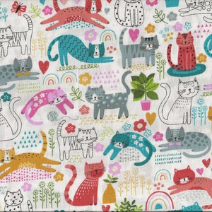 May include: White fabric with a repeating pattern of colorful cats in various poses. The cats are outlined in black and have different colored fur, including pink, blue, orange, red, and gray. The background is white with small floral and rainbow designs.