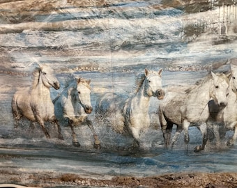 Patchwork fabric "Running Free" panel, horses, grey horses