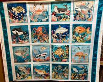 Patchwork fabric "Deep Sea Dazzle" panel, fish, octopuses, turtles, crabs