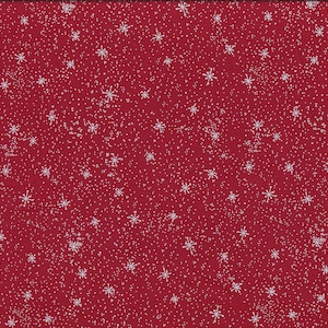 Könnte beinhalten: Roter Stoff mit einem weißen Schneeflockenmuster. Der Stoff ist einfarbig rot mit weißen Schneeflocken, die über die Oberfläche verteilt sind.