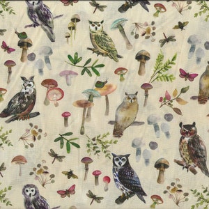 May include: Cream-colored fabric featuring a repeating pattern of watercolor owls, mushrooms, butterflies, and dragonflies. The owls are depicted in various poses and colors, with detailed feather patterns. The mushrooms vary in size and color, with red, brown, and blue caps.