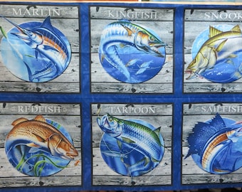 Patchworkstoff  "Reel Fun"  Panel, Fische, Angler, Schwertfisch,