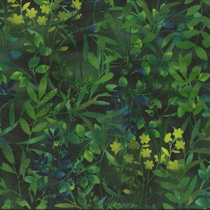 May include: A dark green fabric with a repeating pattern of green and blue leaves and yellow flowers.