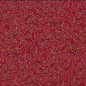 May include: Red fabric with a gold swirling pattern. The design features stylized vines with heart-shaped accents and dotted lines. The fabric is suitable for various craft projects, including quilting and apparel.