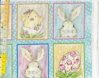 Patchwork fabric "Peek a Boo Bunnies" panel, Easter bunny, Easter egg, chick
