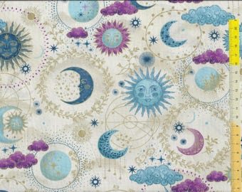 Patchwork fabric "Luna Cosmos" sun, moon and stars with gold on a cream-colored background, Makower 071Q