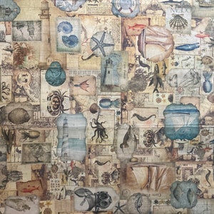 Patchwork fabric &quot;Siren&#39;s Call&quot; Nautical Patchwork, Vintage Sailboats, Lighthouses, Sea Creatures