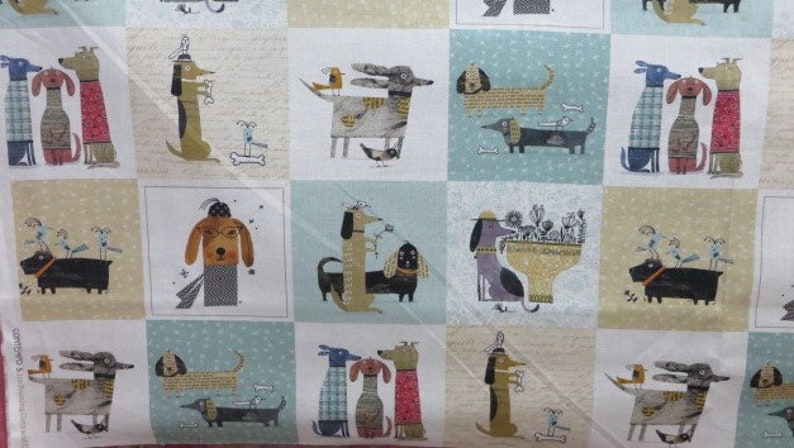 Patchwork fabric Its Raining Dogs teal, funny dogs in blue-green image 5