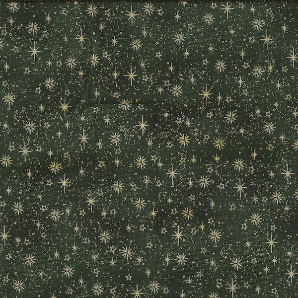 Christmas fabric "small ice crystals and stars in gold on a fir green marbled background"