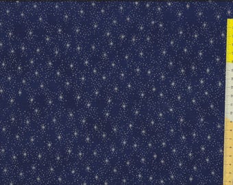 Tissu de Noël « petites étoiles argentées et petites taches argentées » ciel nocturne, sur fond bleu marbré