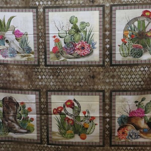 May include: Six framed illustrations of desert plants and Western-themed objects. The illustrations include a skull, cactus, wagon wheel, cowboy boot, horseshoe, and cowboy hat.