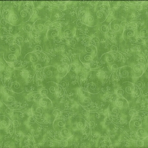 May include: Green fabric with a white swirl pattern. The fabric has a subtle texture.