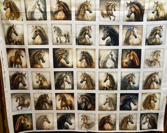 Patchworkstoff "Stallion Song" Panel mit kleinen Bildern, Pferde, Hengste, Wildpferde