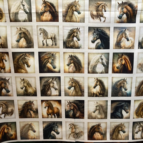 Patchworkstoff "Stallion Song" Panel mit kleinen Bildern, Pferde, Hengste, Wildpferde