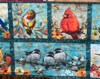 Patchwork fabric "Joyful Garden" Watercolor Texture, panel with birds