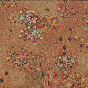 Könnte beinhalten: Brauner Stoff mit einem farbenfrohen abstrakten Design. Das Muster umfasst Kreise, Quadrate, Dreiecke und Wirbel in Grün-, Rosa-, Orange- und Schwarztönen. Ein gelbes Lineal ist auf der rechten Seite sichtbar.