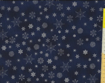 Weihnachtsstoff "Sterne, Eiskristalle, silber, auf dunkelblau marmoriertem Grund"