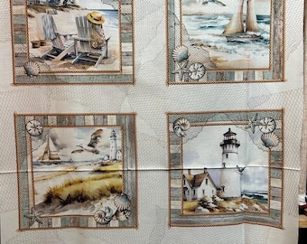 Patchwork fabric "Coastal Escape" panel with pictures of a day at the sea