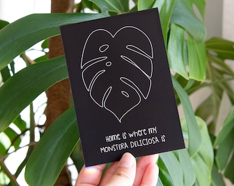 Postkarte Monstera +++ Home is where my MONSTERA DELICIOSA IS +++ Ansichtskarte schwarz-weiß