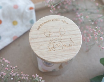 Money gift birth baby girl | Welcome little mouse | Money gift storage jar with engraving