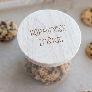 Vorratsglas Holzdeckel Happiness Inside - Keksglas, Geschenkidee, Glas Glücksmomente