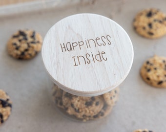 Pot de rangement couvercle en bois Happiness Inside - pot à biscuits, idée cadeau, pot d'instants de bonheur