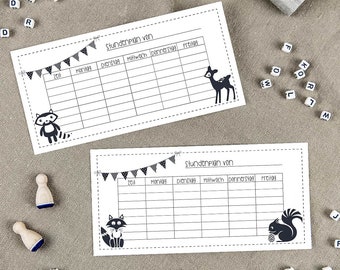 Download: timetable for pencil case, timetable for pencil case, timetable for schoolbag, animal motifs, raccoon, fox, black and white