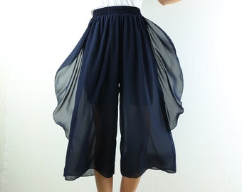 K1702 Women/'s Wide leg linen skirt pantsplus size trousersgrey dark blue oversized casual customized trousersblack asymmetrical pants