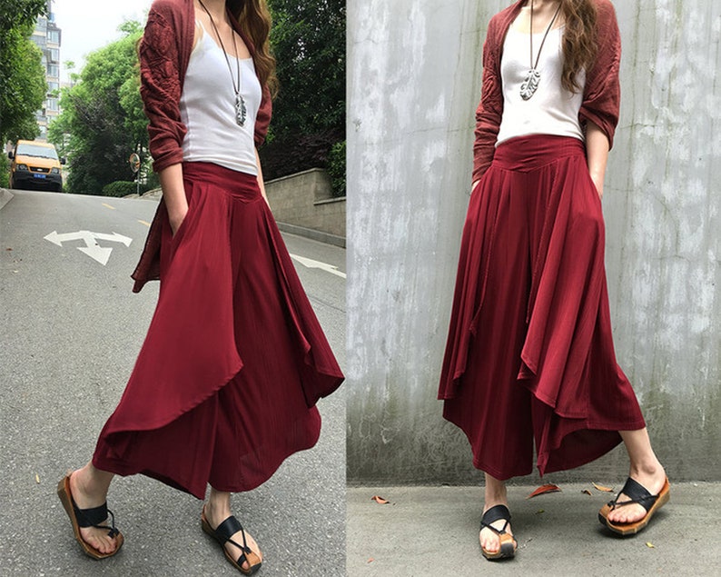 Women pleated skirt pantsyoga skirt pantsplus size trousersoversized pantselastic waist casual pantsasymmetrical trousers K1661
