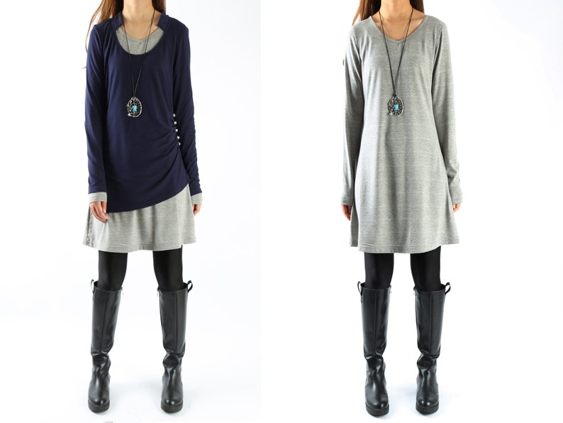 Women's cotton layered tunic dress setdark blue grey dressasymmetrical topplus size oversized shirtcasual customized t shirt(Q1702) Women's cotton layered tunic dress setdark blue grey dressasymmetrical topplus size oversized shirtcasual customized t shirt(Q1702)