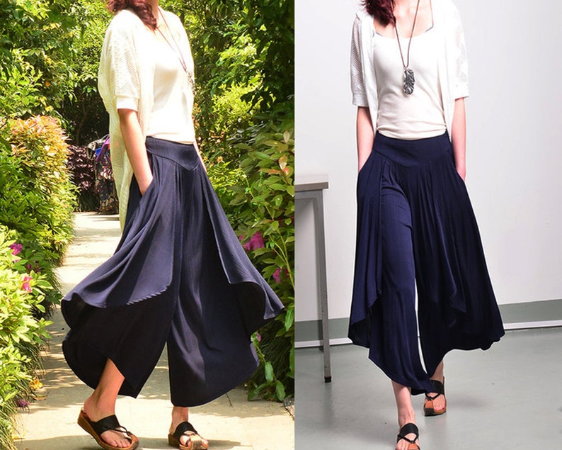 Women pleated skirt pantsyoga skirt pantsplus size trousersoversized pantselastic waist casual pantsasymmetrical trousers K1661