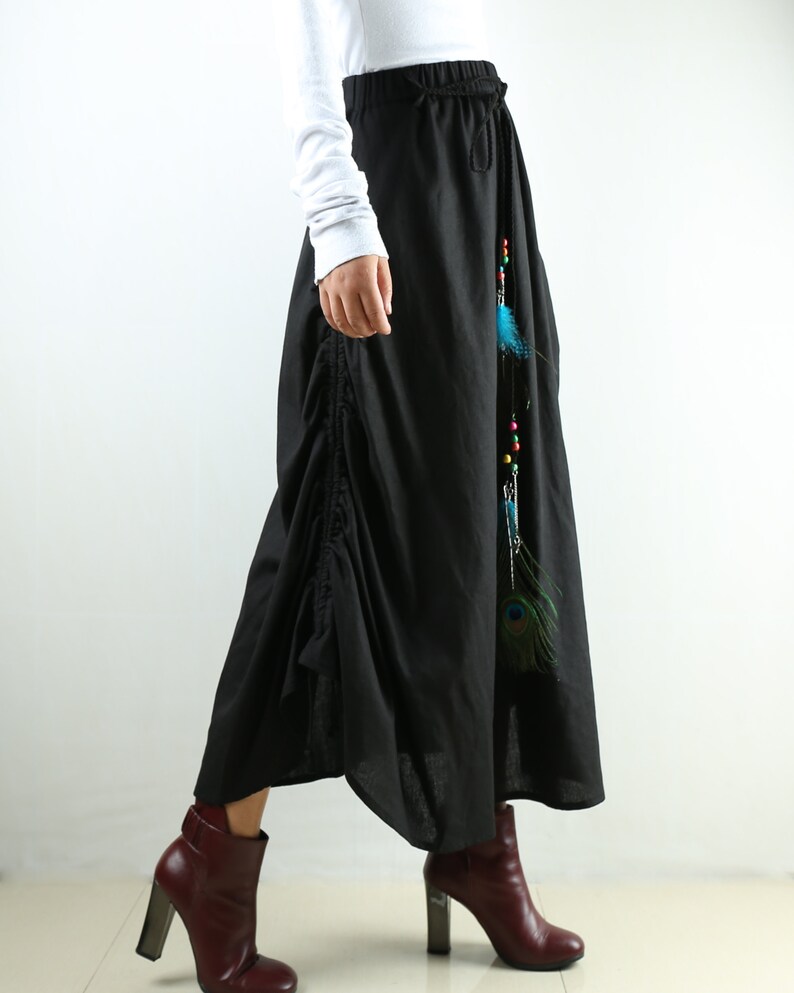 Q1009 Women/'s linen skirtmaxi skirtelastic waist peacock feather skirtplus size skirtoversize skirtcasual skirtblack skirt