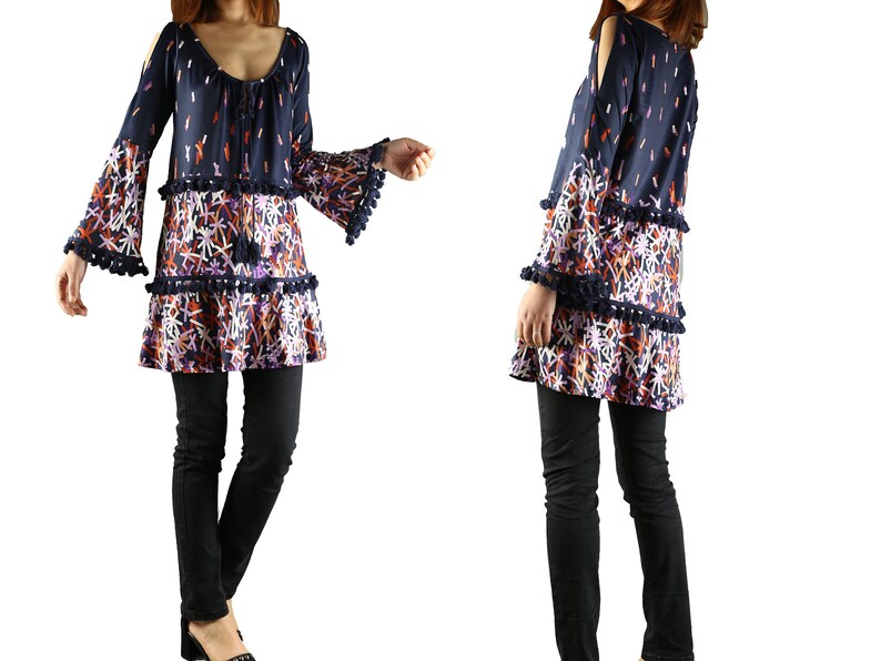 Y1923 Women/'s Extravagant sleeves tunic dressbell sleeve topdark blue tunic dress