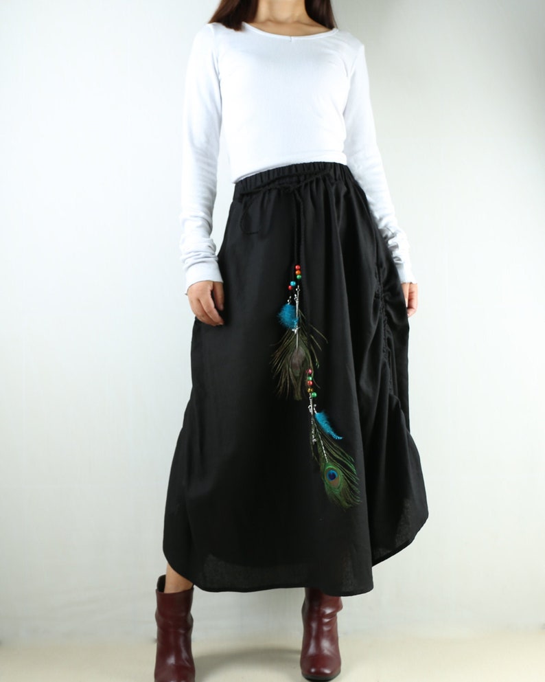 Q1009 Women/'s linen skirtmaxi skirtelastic waist peacock feather skirtplus size skirtoversize skirtcasual skirtblack skirt