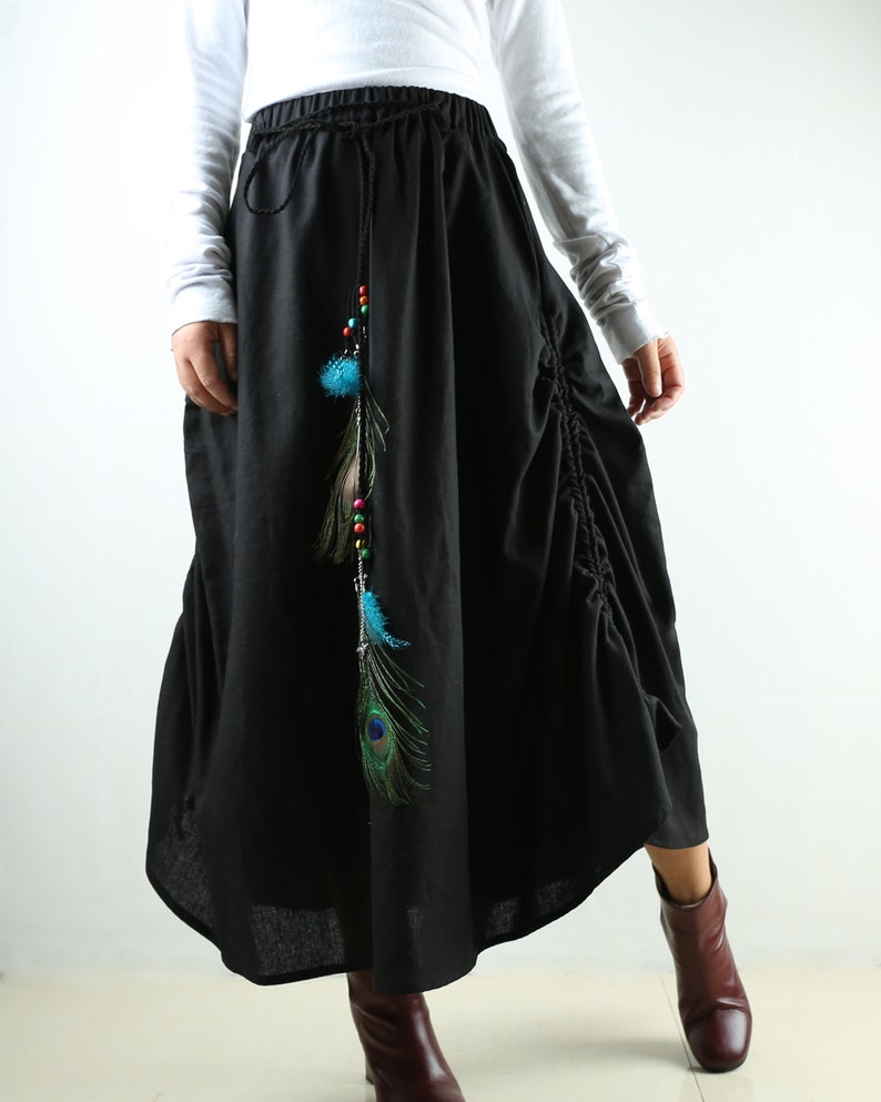 Q1009 Women/'s linen skirtmaxi skirtelastic waist peacock feather skirtplus size skirtoversize skirtcasual skirtblack skirt