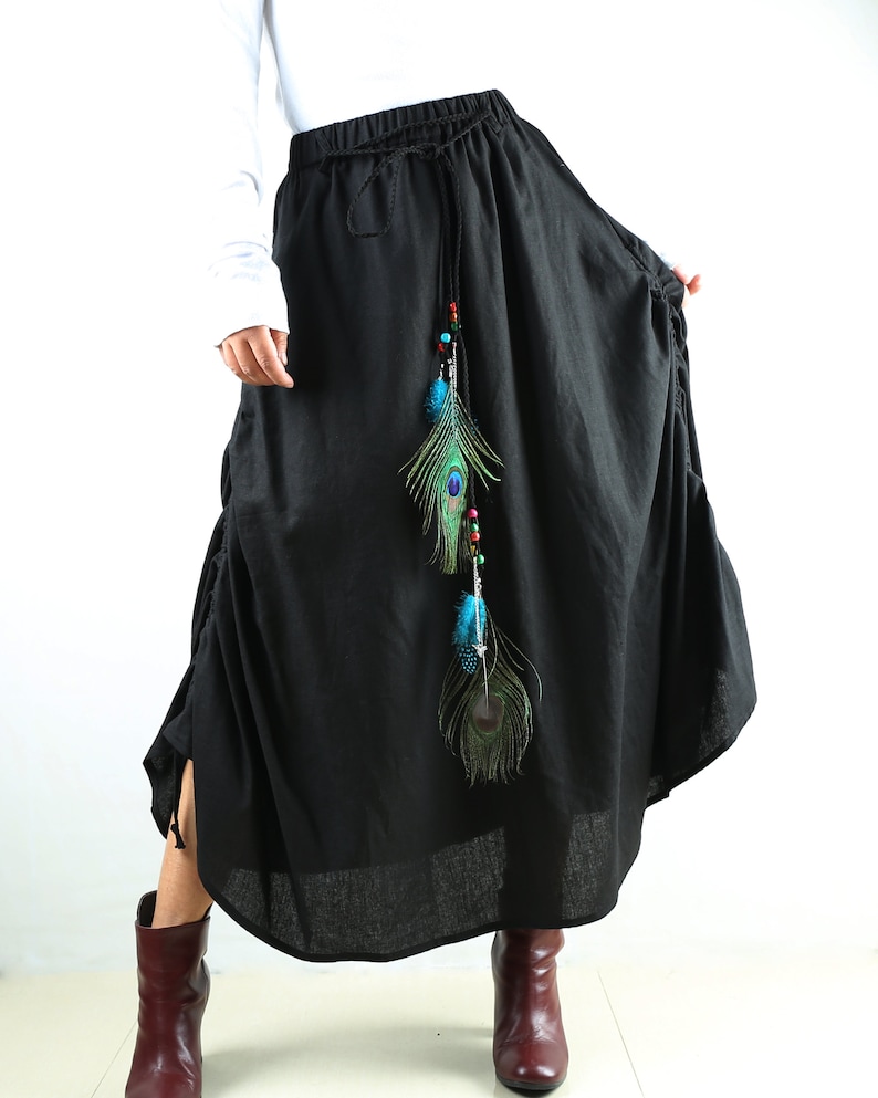 Q1009 Women/'s linen skirtmaxi skirtelastic waist peacock feather skirtplus size skirtoversize skirtcasual skirtblack skirt