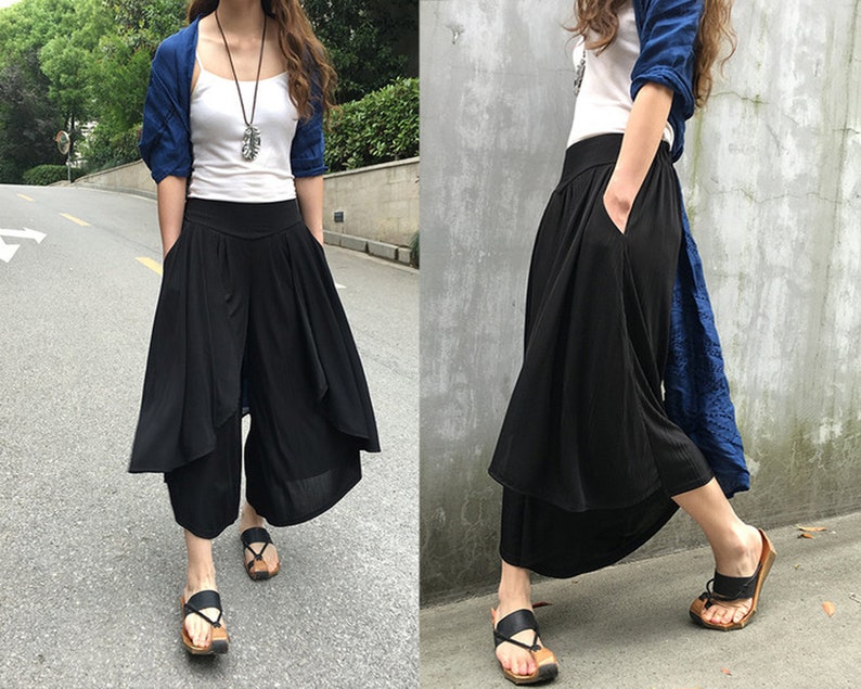 Women pleated skirt pantsyoga skirt pantsplus size trousersoversized pantselastic waist casual pantsasymmetrical trousers K1661